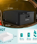 Dude Ready 12 Volt Pull Out Refrigerator 33 Quart dark compact drawer fridge placed in a car trunk with dimensions visible.