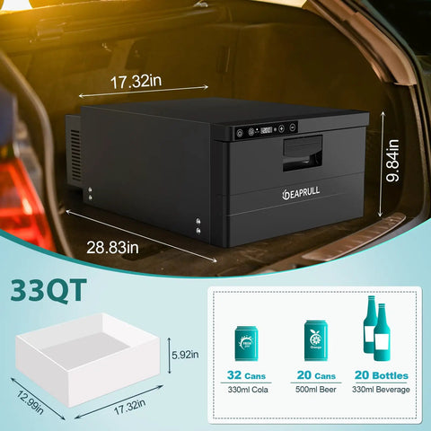 Dude Ready 12 Volt Pull Out Refrigerator 33 Quart dark compact drawer fridge placed in a car trunk with dimensions visible.