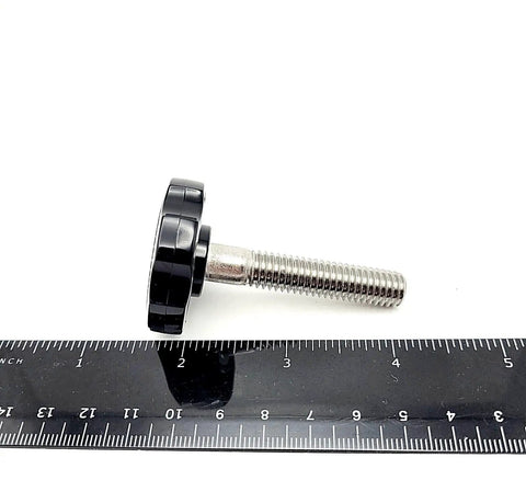 3/8 Inch Thumbscrew Bolts With Slick Clamping Knobs 304 Stainless Steel ergonomic grip, shown beside a ruler for size reference.