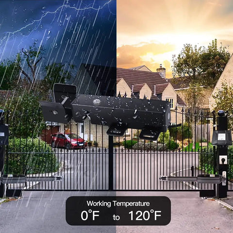 ET24 Electric Gate Lock For DC 24V Swing Gates With Automatic Locking No Fuss Heavy Duty Security Gate Lock For Single Or Dual Gate Systems Easy Install Boost Gate Safety under different weather conditions displayed.