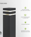 Round 18 Inch All Weather Outdoor Bollard Light Fixture With 60W E26 Socket 120V Dimmable Waterproof Compatible LED CFL Incandescent Bulbs ETL Listed Black Landscape Pathway Lantern with side-light effect and anti-glare illumination.