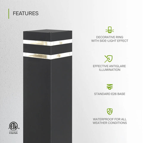 Round 18 Inch All Weather Outdoor Bollard Light Fixture With 60W E26 Socket 120V Dimmable Waterproof Compatible LED CFL Incandescent Bulbs ETL Listed Black Landscape Pathway Lantern with side-light effect and anti-glare illumination.