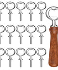 Set of 15 stainless steel bottle opener inserts with threaded stems and a wooden-handled bottle opener