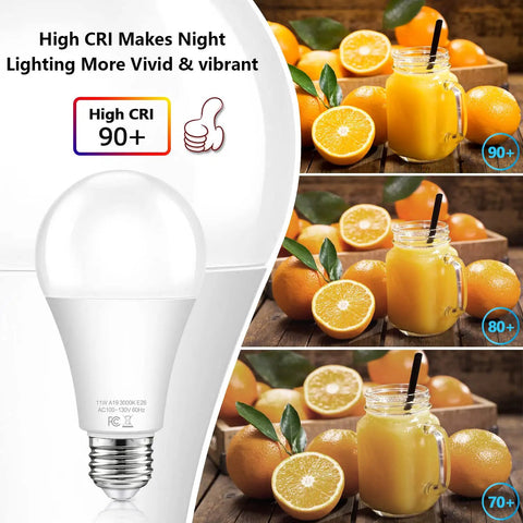 Dusk To Dawn Outdoor Sensor Light Bulbs No Fuss Auto On Off 11W LED with high CRI 90+ showing color accuracy with oranges.