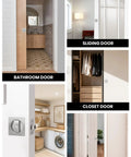 Various doors with Brushed Nickel Pocket Door Lock Set For Two One Eighth Inch Bore, Square Style Pocket Door Hardware shown in use