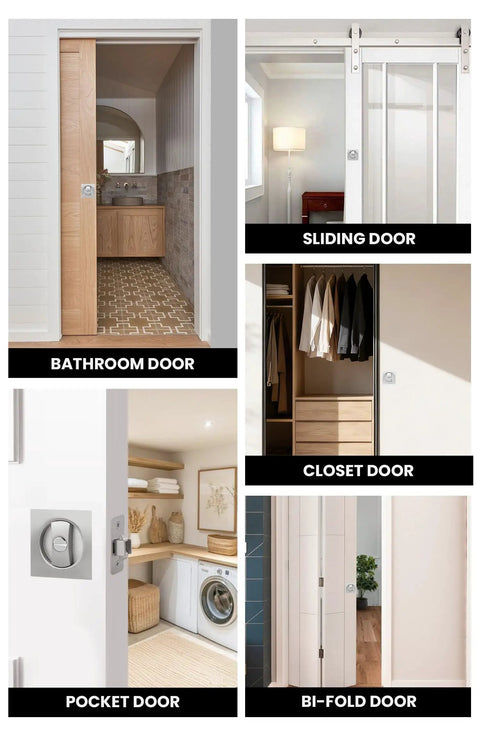 Various doors with Brushed Nickel Pocket Door Lock Set For Two One Eighth Inch Bore, Square Style Pocket Door Hardware shown in use