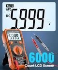 6000 Counts TRMS Digital Multimeter With NCV And Auto Ranging showing 5999 V on LCD screen with test leads