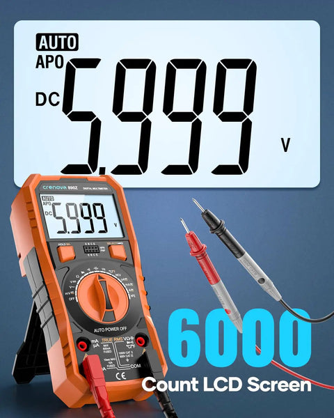 6000 Counts TRMS Digital Multimeter With NCV And Auto Ranging showing 5999 V on LCD screen with test leads