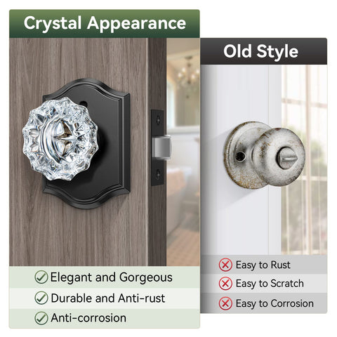 Glass Door Knobs Interior 6 Pack Crystal Doorknobs With Lock For Privacy Black Matte Finish Vintage Diamond Glass Door Knob Set Ideal For Bedroom And Bathroom Built To Last With Zinc Alloy Plates, comparison of sleek matte black crystal knob vs old style.