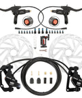 Hydraulic brake kit for e-bike, top-down view with dual levers and 180mm rotors