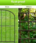 Comparison of rustproof black coated Arched 10 Pack Metal Garden Fence Panels and rusted metal fence in outdoor setting