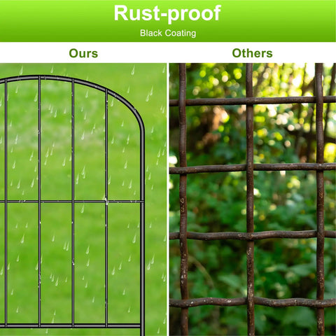 Comparison of rustproof black coated Arched 10 Pack Metal Garden Fence Panels and rusted metal fence in outdoor setting