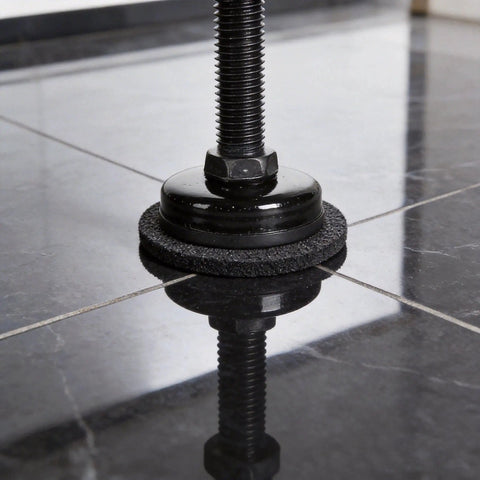 Beefy Adjustable Furniture Leveling Feet 4 Pack Extra Thick Built Different Zero Wobble Support base with nonslip floor savers on tile.