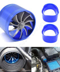 Universal Car Air Intake Turbo Turbine Charger Single Fan Gas Saver 64mm Inlet Fits Most Cars Trucks And SUVs High Performance Fuel Efficiency Upgrade showing blue aluminum turbo charger and installed views.