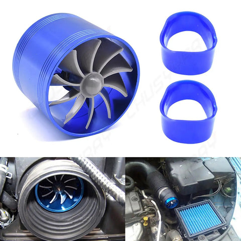 Universal Car Air Intake Turbo Turbine Charger Single Fan Gas Saver 64mm Inlet Fits Most Cars Trucks And SUVs High Performance Fuel Efficiency Upgrade showing blue aluminum turbo charger and installed views.