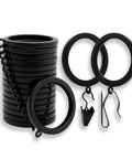 Top Tier Premium Metal Curtain Rings with Quiet Smooth Removable Nylon Inserts Pinhooks and Clips Included One Point Five Inch Inside Diameter 18 Rings for Two Standard Curtains Ultra Sleek Tuxedo Black