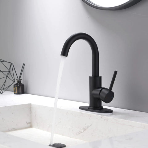 Matte Black Single Handle Sink Faucet With 360 Degree Swivel Spout Deck Plate 4 Inch Centerset Lavatory Faucet Pop Up Drain