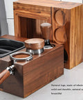 Adjustable Coffee Knock Box With Compact Tamping Station And Detachable Puck Container, wooden design, espresso tool setup.
