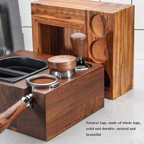 Adjustable Coffee Knock Box With Compact Tamping Station And Detachable Puck Container, wooden design, espresso tool setup.