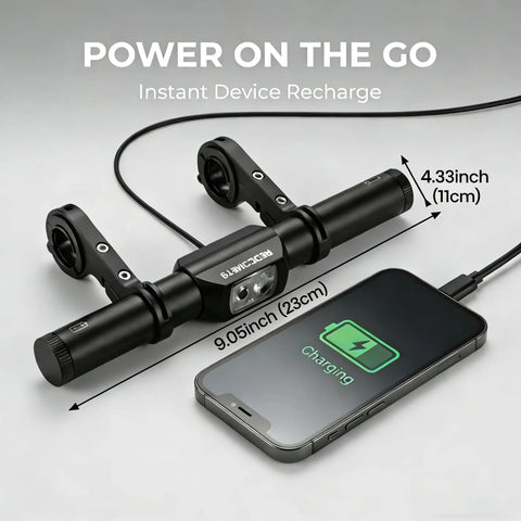 Beefy 800 Lumen USB Rechargeable Bike Headlight With 9.05 Inch Aluminum Handlebar Extender next to charging phone
