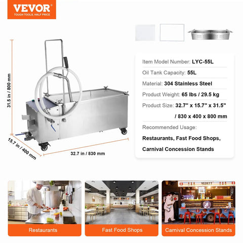 Heavy Duty Mobile Fryer Oil Filter Machine Featuring High Performance Pump Assembly Crafted For Commercial Kitchens And Street Carts Crushing Grease Like A Champ On The Daily, 55L, stainless steel, wheeled filtration cart.
