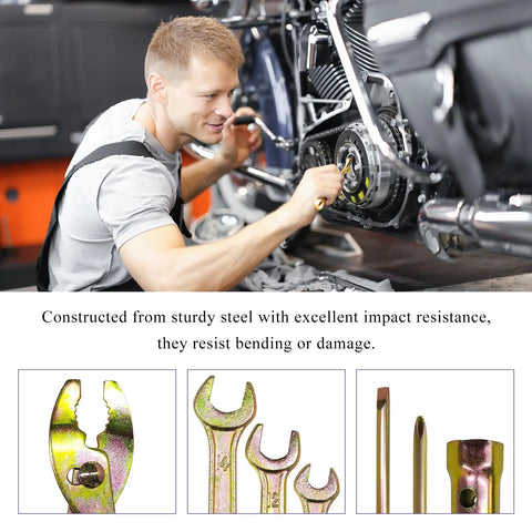 Man using On The Go 7 Piece Motorcycle Repair Tool Kit With Wrench Pliers And Screwdrivers For Emergency Roadside Fixes