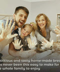 Family baking with flour, demonstrating Flour Bagger For WonderMill Electric Grain Grinder Makes Bagging Fresh Flour Easy And Clean.