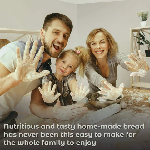 Family baking with flour, demonstrating Flour Bagger For WonderMill Electric Grain Grinder Makes Bagging Fresh Flour Easy And Clean.