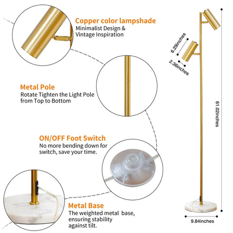 Cozy Elegant Modern Floor Lamp With Brass Finish, Tall Uplight Tree Style For Bedroom, 61.02 in height, copper lampshade, foot switch.
