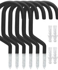 Six Pack Heavy Duty Garage Hooks For Wall And Ceiling Storage Perfect For Hanging Bikes Hoses Cords Garden Tools And More Durable Vinyl And Epoxy Coated Hooks Built Tough To Maximize Your Garage Organization And Free Up Real Estate, shown with six black hooks and wall anchors.