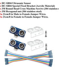 Two Pack HC SR04 Ultrasonic Sensor Modules For Arduino R3 Mega 2560 Nano Duemilanove Compatible Distance Measuring For DIY Robots And Hobbyists With Easy Plug And Play Setup For Obstacle Avoidance And Safe Distance Sensing Great For Beginners with brackets, screws, and jumper wires
