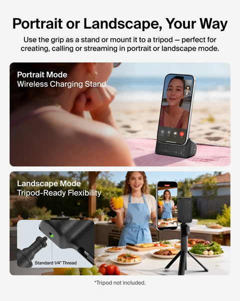 Woman using Magnetic Wireless Camera Grip Power Bank 9300mAh With Retractable USB C Cable Bluetooth Shutter LCD Screen Tripod