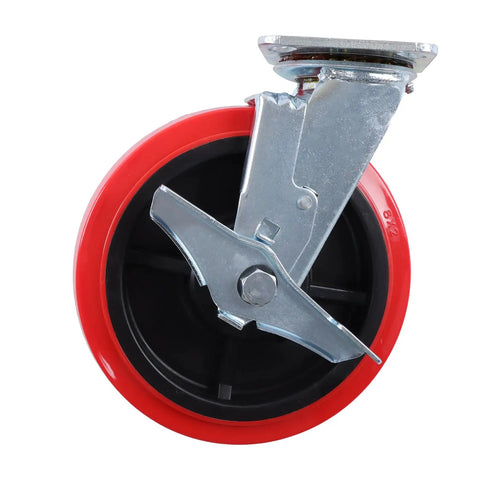Heavy Eight Inch Swivel Caster Wheels Four Pack Premium Polyurethane Treads Non Marking Silent Glide smooth red wheel with metal plate