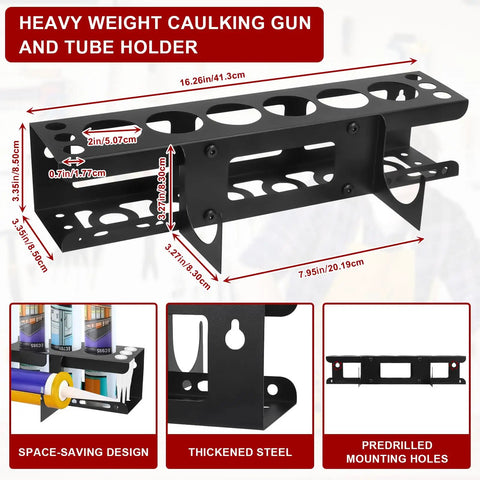 Kick Mess To The Curb With This Built Tough Caulk Tube Holder Wall Mount Rack For Garage Workshop, showing steel design and dimensions.