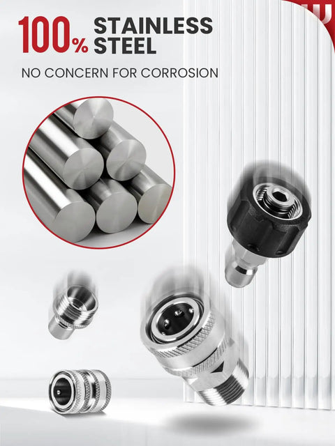 Pressure Washer Quick Connect Kit Universal M22 14mm To 3/8 Inch Fittings Stainless Steel material displayed with connectors.