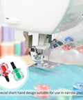 Close-up of sewing machine needle with colorful bobbins and thread, featuring short hand design tool for narrow spaces use.