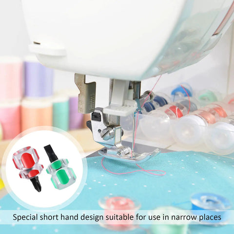Close-up of sewing machine needle with colorful bobbins and thread, featuring short hand design tool for narrow spaces use.