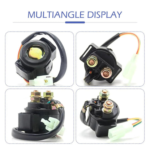 Heavy Duty 12 Volt Starter Solenoid Relay Switch For Universal Motorcycle Scooter Upgrade Rock Solid Electrical Harness in black from multiple angles.