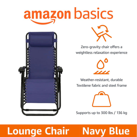 Zero Gravity Outdoor Lounge Chair With Pillow, Foldable Patio And Beach Recliner In Navy Blue, Weather Resistant Textilene, 300 Lb Capacity