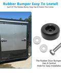 Heavy Duty 2.5 Inch Round Rubber Bumpers With Screw Kit For Trailer Ramp Doors Durable Bump Stops For Air Compressors Pumps Generators And Pressure Washers Multi Purpose Protective Door Bumpers 4 Pack, shown with installation accessories and trailer door
