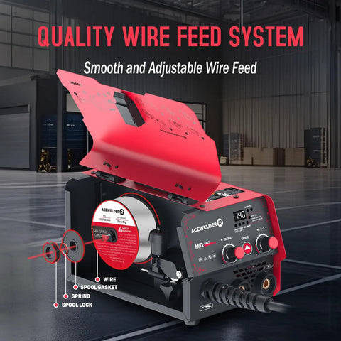 Close-up of 140A 3 In 1 Portable Welding Machine For Flux Core MIG Stick And Lift TIG 110V showcasing wire feed system