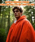 Man wearing orange 4 Pack Emergency Ponchos With Thickened Mylar Blanket Lining in forest, highlighting windproof waterproof thermal use