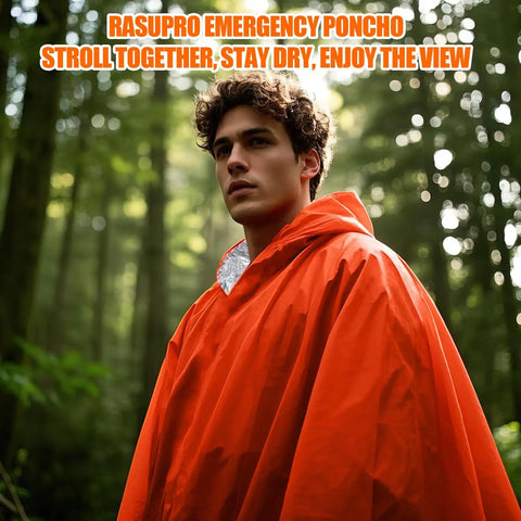 Man wearing orange 4 Pack Emergency Ponchos With Thickened Mylar Blanket Lining in forest, highlighting windproof waterproof thermal use