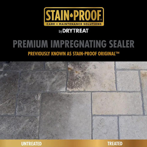 Top Shelf Impregnating Sealer For Granite Marble Tile And Concrete on pavers, showing treated vs untreated areas.