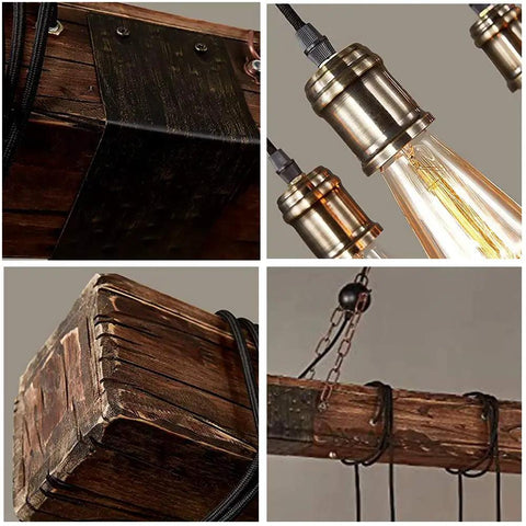 Close-up of Rustic Industrial 8-Light Pendant Chandelier For Dining Room And Kitchen Island details, showing wood and metal components.
