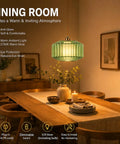 UUSWAWW Plug in Pendant Hanging Light Fixture Green Drum Glass with Fabric Inner Shade,Vintage Dimmable Hanging Lamp Cord, Gold Swag Lamp for Dining Room