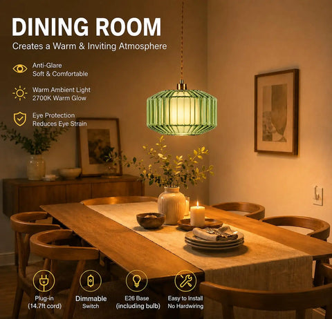 UUSWAWW Plug in Pendant Hanging Light Fixture Green Drum Glass with Fabric Inner Shade,Vintage Dimmable Hanging Lamp Cord, Gold Swag Lamp for Dining Room