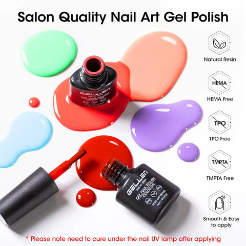 Ultimate 24 Piece Gel Nail Polish Kit With 20 Dope Shades And 4 Essential Coats bottles and colors splattered on surface