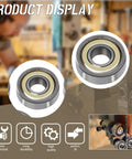 Six Piece Saw Bearings Set For Grizzly G0555 Band Saw with 2 thrust bearings and 4 guide bearings displayed in workshop
