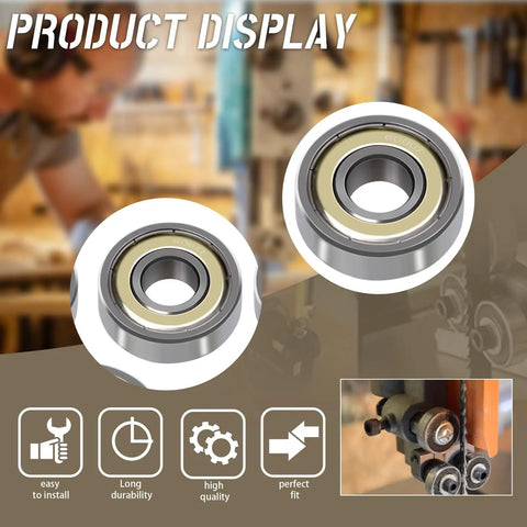 Six Piece Saw Bearings Set For Grizzly G0555 Band Saw with 2 thrust bearings and 4 guide bearings displayed in workshop